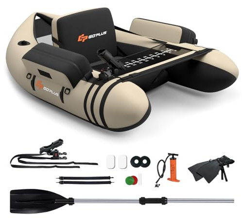 GOPLUS Bellyboot, Belly Boat bis 150 kg belastbar, aufblasbares Schlauchboot zum Angeln mit Alu Paddel, Pumpe, Flossen, Fischlineal, Rutenhalter & 2 Schultergurten, 135 x 109 x 54 cm (Beige+Schwarz)