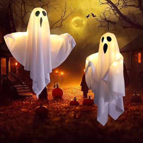 Wzone 2 Stück Halloween Hängende Geister Dekoration mit Warmweiß LED 3 Modi, Niedliche Horror Indoor Outdoor Deko Hängegeister Vorgarten Fenster Terrasse Hängedekoration Garten Außendekorationen