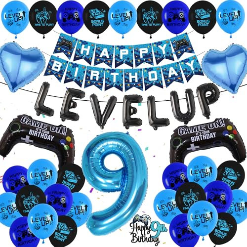 Gaming 9th Birthday Decorations Balloons - 48 Pcs Blue Happy Birthday Banner Decoration Set Level Up Latex Banners Game Controller Foil Balloon for 9 Years Old Birthday Party Supplies