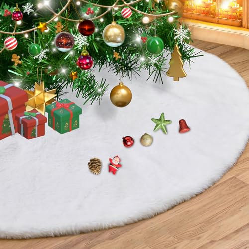 APKOL 90cm Weihnachtsbaum Tannenbaum Decke, Kunstfell Christbaumdecke Weihnachtsbaumdecke Weiß Rund, Weihnachtsbaum Rock, Weiche und Dicke Christbaumständer Abdeckung für Christmas Dekorationen