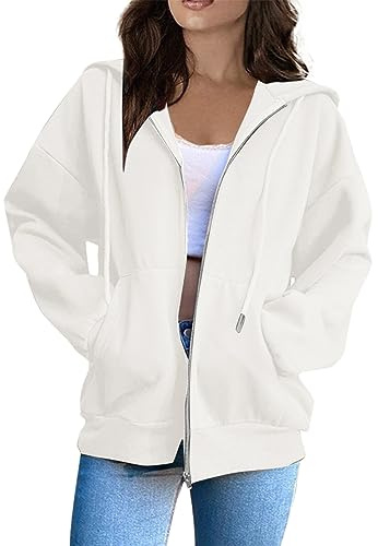 Hoodie Women, Women Full Zip Hoodie Jacket Ladies Long Sleeve Plain Zipper Hooded Sweatshirts Basic Lightweight Sports Running Coat Tops with Pockets Gifts for Mum,White,M,U89K