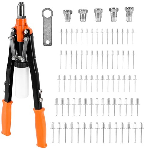 Richeer Nietenzange Set mit 75 Nieten für Blindnietzange mit 6,4mm-2,4mm Blindnieten und 5 auswechselbaren Mundstücken, 18in Profi Nietwerkzeug für Automobil Eisenbahn Möbel Instrument