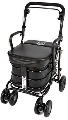 Prestige Walk and Rest Shopping Trolley with Seat & Armrest/Walking frame/Seated Mobility Trolley/Stroller/Walking Trolley (FULLY ASSEMBLED in UK READY TO USE!) BLACK EDITION (Black)