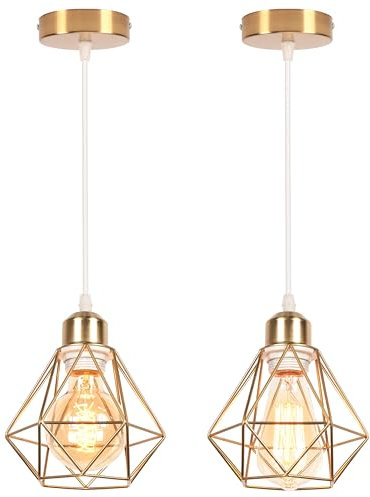 iDEGU 2 Stück Pendelleuchten Gold 16cm Industrial Hängelampe aus Metall Lampenschirm Käfig Design Vintage Lampe E27 1-flammig Hängeleuchte für Esstisch Flur Küche Schlafzimmer