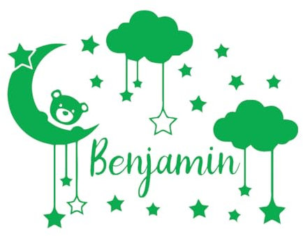 Calcomanías de pared personalizadas Nombre personalizado Luna Nubes Estrellas con un encantador oso Decoración Guardería Dormitorio de niños Vinilo Adhesivo de pared Extra grande - 68x91 cm