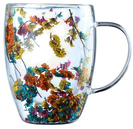 Taza de café de flores secas | Vasos de vidrio de doble pared Floral Fusion de 350 ml | Tazas de Vidrio de Doble Pared para Bebidas Calientes con Asas | Flores secas Tazas de leche Tazas de té