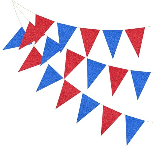 PATIKIL 16,5 Fuß Wimpelbanner Flaggen, 2 Stück Papier Dreieck Flaggen Wimpel Banner Girlande Vintage Wimpel Flaggen Schnur für Hochzeit Geburtstag Karneval Event Party Dekoration, Blau/Rot