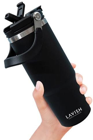 Lavish 30oz Travel Tumbler with Handle – Hot or Iced Drink Tumbler – Double Wall Stainless Steel Insulated Tumbler - Tumbler with 2-in-1 Lid and Straw - 100% BPA-Free - Car Coffee Cup (Black)