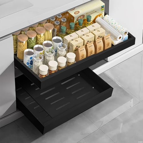 Teleskopschublade, versenkbarer Aufbewahrungsschrank für die Küche, küchenschubladen organizer,Schubladen-Organizer, verstellbare Breite ohne Bohren (32–52 cm), geeignet für Küche (Schwarz)