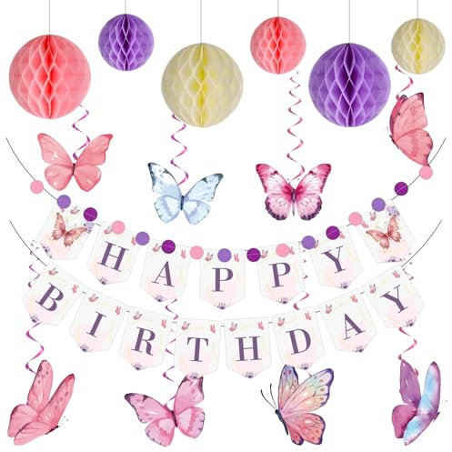 Geburtstagsdeko, Geburtstagsdeko für Mädchen & Frauen, Wiederverwendbare Wabenball und Schmetterlinge Spiralen Hängedeko Geburtstagsdeko, Geburtstag Banner für Feiern, Happy Birthday Banner Set