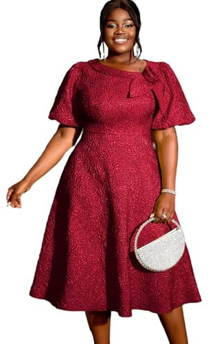 ONTINVA Women's Floral Jacquard Flared Midi Dress Puff Sleeve Christmas Formal Party Work A-Line Vintage Dresses (Red,XL)