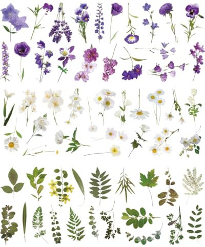 TPZORJX 120pcs Pegatinas de Flores de Colores Transparentes para Albumes Pegatinas de Plantas Impermeables Pegatinas Artesanales Retro para Diario Manualidades(Lavanda)