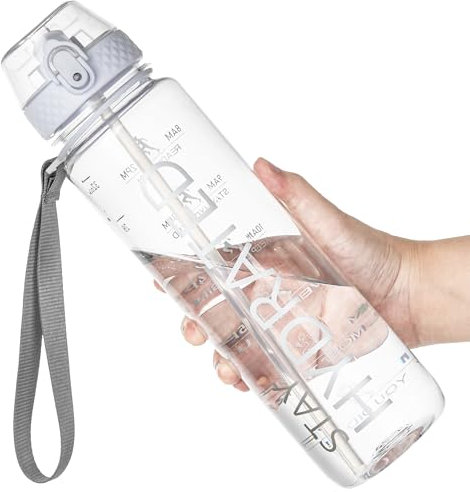OLDLEY 1L Sports Water Bottle with Straw, Tritan 1 Litre Motivational Drink Bottle, BPA Free Leakproof Transparent Water Bottle with Time Marker for Cycling, School, Gym (Clear)