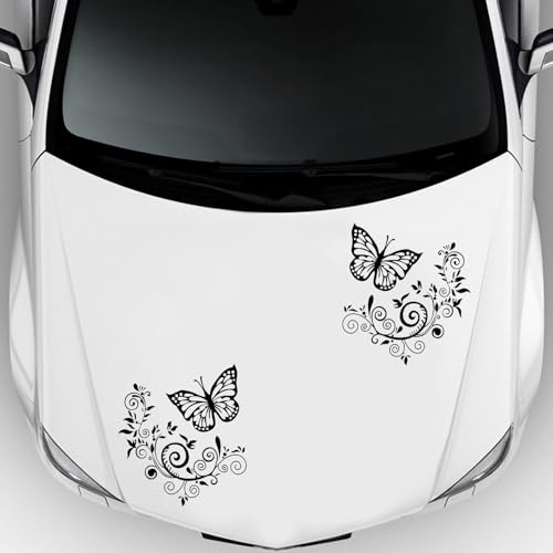 2Pcs Auto Motorhaube Aufkleber Blume Schmetterling Dekorative Aufkleber Universal Vinyl Grafik Aufkleber Auto Dekoration Zubehör für Damen(Schwarz)