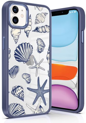 Phoona Case for iPhone 11 6,1, Cute Beach Seashell Girly Aesthetic Pattern Design, Transparent Slim Shockproof TPU Frame PC Back Protection Bumper Cover for Girls Women, Navy Blue
