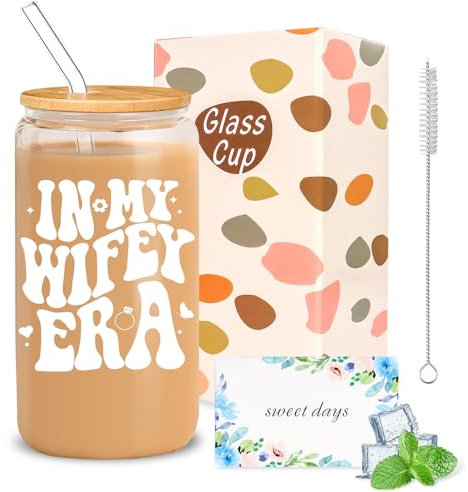 KufaerBeam Bride to be Gifts – Hochzeitsgeschenke für Braut, Paare, 473 ml, Kaffeetassen aus Glas mit Deckel, Trinkhalme, Junggesellinnenabschied, Ehefrau