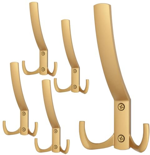Mavö 5 Stück Doppelhaken Kleiderhaken, 130mm Länge, 75mm Breite, Mattgold, mit Schrauben Nik.L