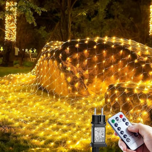 Red de luces para exteriores, 3 x 2 m, 208 LED, regulable, cadena de luces para exteriores con 8 modos, temporizador remoto, iluminación navideña para exteriores, IP65, resistente al agua, decoración