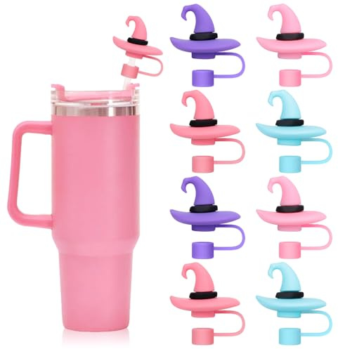Whaline 8Pcs Halloween Straw Covers Cap Pastel Color Witch Hat Shape Reusable Straw Topper Protector Lid for 0.4 Inch Straws, Holiday Cup Accessories