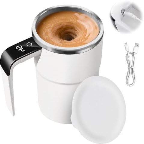Tazza auto-commovente, 380 ml, elettrica, automatica, magnetica, con indicatore di temperatura, in acciaio inox, per caffè, cacao, tè, latte (bianco)