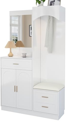 muenfly Garderobe Set, Kompaktgarderobe, Flurgarderobe mit Spiegel, Schuhbank, Schublade und Schuhschrank, Garderobenschrank Flurgarderoben Set Modern - Flur Möbel, 110 x33 x185.5 cm, Weiß