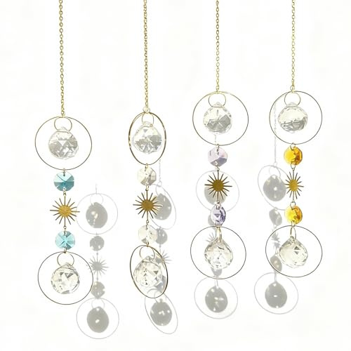 4 Stück Sonnenfänger Kristall Fenster, Suncatcher Kristall Set Gold, Windspiel Hängend für Garten & Zuhause, Regenbogen Macher Deko, Prismen Anhänger als Geschenk
