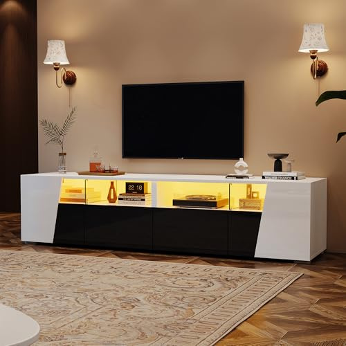 OKMYHOME Meuble TV 180 cm Moderne avec LED, 2 Tiroirs et 2 Portes, Compartiments Ouverts, MDF et Verre - Blanc et Noir