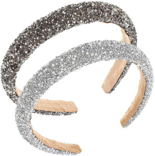 HJZHII 2 Stück Strass Stirnband, Haarreifen Damen Glitzer Strass Haarreif | Breites Stirnband Perlen Haarbänder Haarschmuck Kristallperlen Modische Stirnbänder für Alltag Hochzeit Party Abschlussball