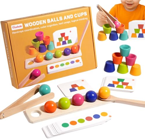 Lernspiel, Schnitt und Farbsortierkugel – Karte aus Papier & stapelbares Spielzeug aus Holzperlen | Lernspiel für Kinder ab 3 Jahren, Mädchen, Haus, Kindergarten, Anniv