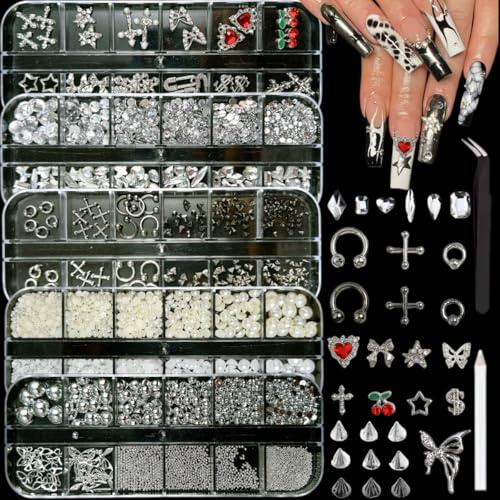 Muorruo Silver Nail Charms Set Y2K, 5 Boxes with 3D Nail Charms and Rhinestones for Nail Art Accessories, Silver Piercing Cross Charms for Nail Design Stars, Flat Pearls