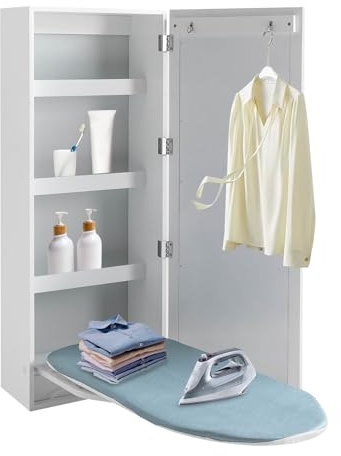 Tabla de planchar de pared con función giratoria de 180°, mesa de planchar plegable con 4 estantes y espejo, armario de almacenamiento blanco para ropa, diseño que ahorra espacio para apartamento