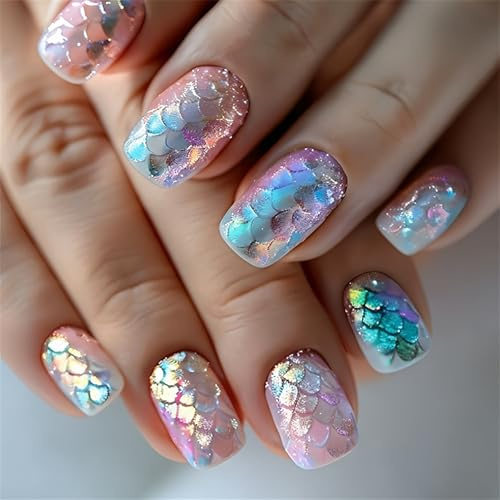 24Pcs Press on Nails Short, Glue on Nails, Acrylic Nails Look - 3D Mermaid Scale Square Tips, Holographic ABS Stick-on Manicure for Women, Summer Holiday & Party Wear