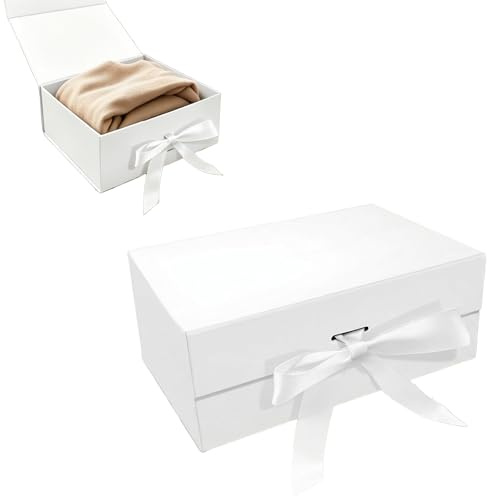 Zyrtkeriom Geschenkbox mit Deckel - Weiße Geschenkbox mit Schleife und Schleifenband, Mit Geschreddertem Papier für Hochzeit, Geburtstag, Weihnachten, Jubiläum (23 * 17 * 7cm)