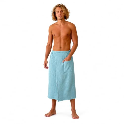 Sotra Cosy Saunakilt Herren aus Waffelstoff – Saunahandtuch Herren aus 100% Baumwolle, Sauna Kilt Männer mit Klettverschluss, Gummizug und Tasche, S-XL, 142 x 78 cm (Türkis)