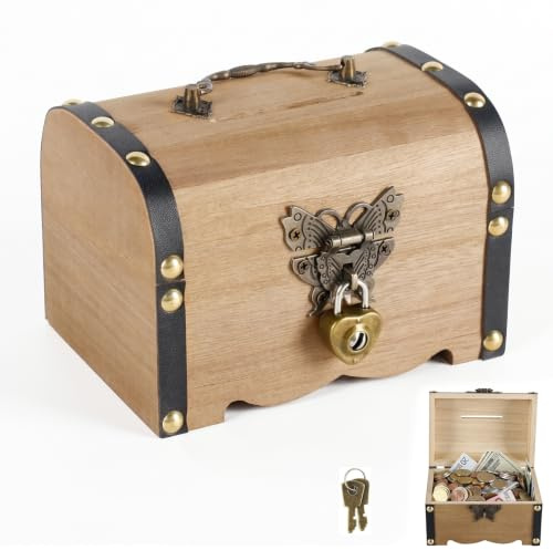 Schatzkiste Schatztruhe aus Holz Kleine SchatztruheKinder mit Schloss | Schatzkiste Kindergeburtstag, Piraten Schatzkiste für Kindergeburtstag, Schatzsuche, Spardose, Geschenk (14.5x 10 x 10 cm)