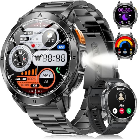 FOXBOX 1.62 AMOLED Smart Watches for Men with LED Flashlight, Matte Black | IP68 Waterproof Smartwatch for Android/iOS, Bluetooth Call, 200+ Watch Face, 24/7 Heart Rate, Sleep Monitoring, 110+ Sports