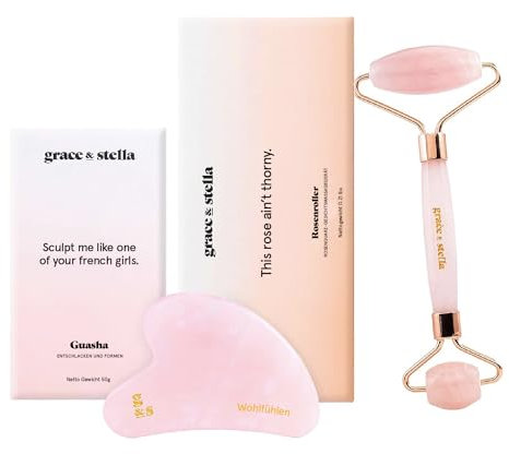 Grace & Stella Gesichtsroller und Gua Sha Stein Duo, Gesichtsroller Guasha Stein für Gesicht, Rosenquarz Gesichtsmassage, Jade Roller für Gesicht