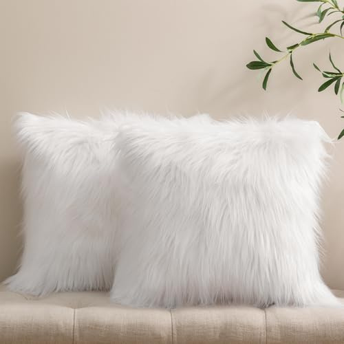 Phantoscope Dekorative Kissenbezüge aus Kunstfell, luxuriös, weich, dekorativ, flauschig, für Bett/Couch, Weiß, 45,7 x 45,7 cm, 2 Stück