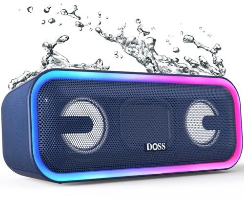 Bluetooth Speaker, DOSS SoundBox Pro+ Wireless Bluetooth Speaker with 24W Impressive Sound, Booming Bass, IPX5 Waterproof, 15Hrs Playtime, Wireless Stereo Pairing, Mixed Colors Lights, 66 FT - Blue