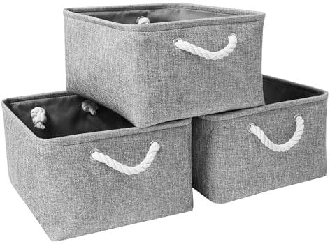 Mangata Collapsible Storage Boxes, Open Storage Baskets for Shelves 3 Pack (Grey, Medium)