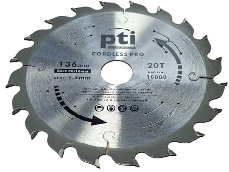 PTI 136mm x 20mm x 20T, Thin Kerf Saw Disc 1.5mm Thick Cordless Saws quality TCT Circular Saw. Hardened & precision-balanced Micrograin Carbide Teeth
