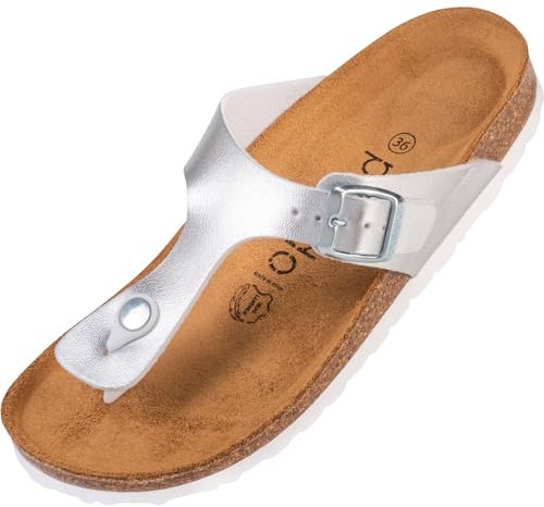 Palado Zehentrenner Damen Kos Metallic – gefertigt in Spanien – Obermaterial mit metallischer Optik – Weichfußbett – Veloursleder-Decksohle Silber UK6 - EU39