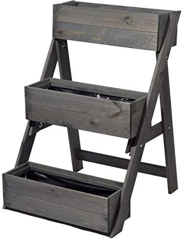 dobar® Scala per piante a tre livelli, per esterni, in legno massiccio, per balcone e giardino, aiuola con 3 fioriere, resistente alle intemperie, per esterni, 60 x 70 x 90 cm, antracite
