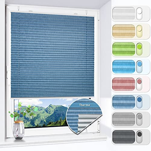 HOMEDEMO Plissee ohne Bohren verdunkelung, Thermo Plisseerollo Klemmfix, Blau 90x110cm(BxH) Verdunklungsplissee 100% lichtundurchlässig für Fenster, Blickdicht Sichtschutz Sonnenschutz