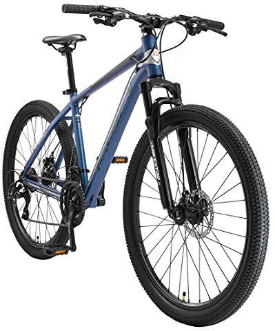 BIKESTAR Hardtail Aluminium Mountainbike Shimano 21 Gang Schaltung, Scheibenbremse 27.5 Zoll Reifen | 18 Zoll Rahmen Alu MTB | Blau Silber