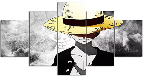 Wondbeau Impression sur Toile Cinq Tableaux Consécutifs Décoration De Maison Moderne Peinture 5 Panneaux Abstraits Modulaire Poster avec Cadre L/150cm×80cm Anime Japonais One Piece Luffy