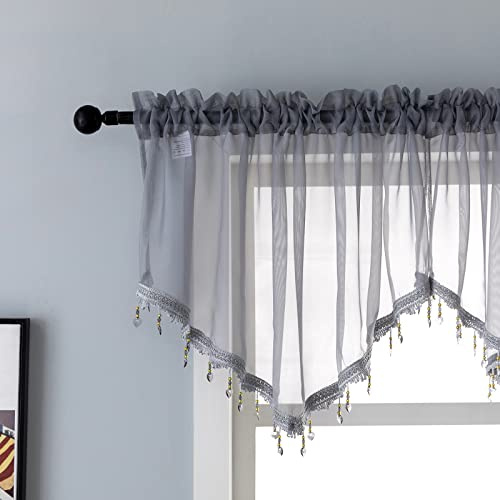 Durchsichtiger Volant-Vorhang für Wohnzimmer, Stangentasche, Bauernhaus, Fenstervolant, Perlenbesatz, Quaste, Voile, durchscheinender Vorhang, Volant für Schlafzimmer, Badezimmer, Café, 130 x 61 cm