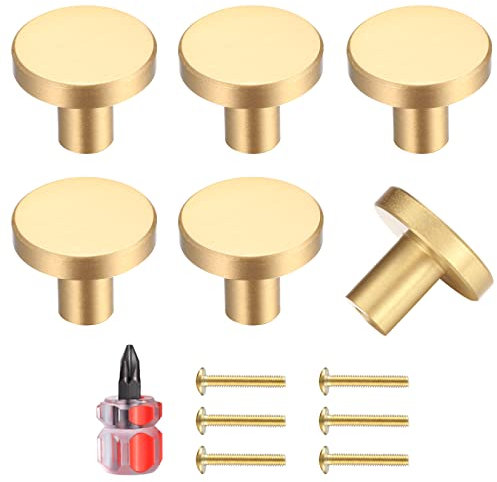 Yibaijia 6 Pcs Round Cabinet Knobs, Gold Brass Drawer Knobs, Door Kitchen Hardware Cupboard Knob, Stainless Steel Single Hole Handle with Screws for Home Decorating, Cupboard, Wardrobe (20mm*25mm)
