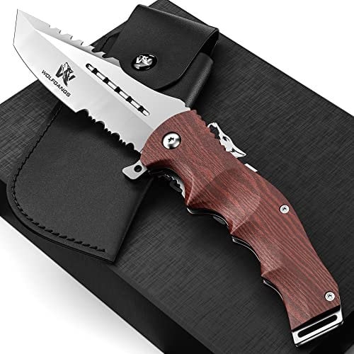 Wolfgangs UNDIQUE Einhand Klappmesser aus feinem 440C Stahl - Einhandmesser mit Leder-Holster - Outdoor Messer mit Multifunktions-Klinge - Starkes Survival Messer - Jagdmesser Bushcraft