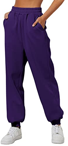 Yovela - Pantaloni della tuta da donna larghi a vita alta, abbigliamento autunnale, pantaloni da jogging casual, Y2k, estetici, caldi con tasche, Viola scuro, M